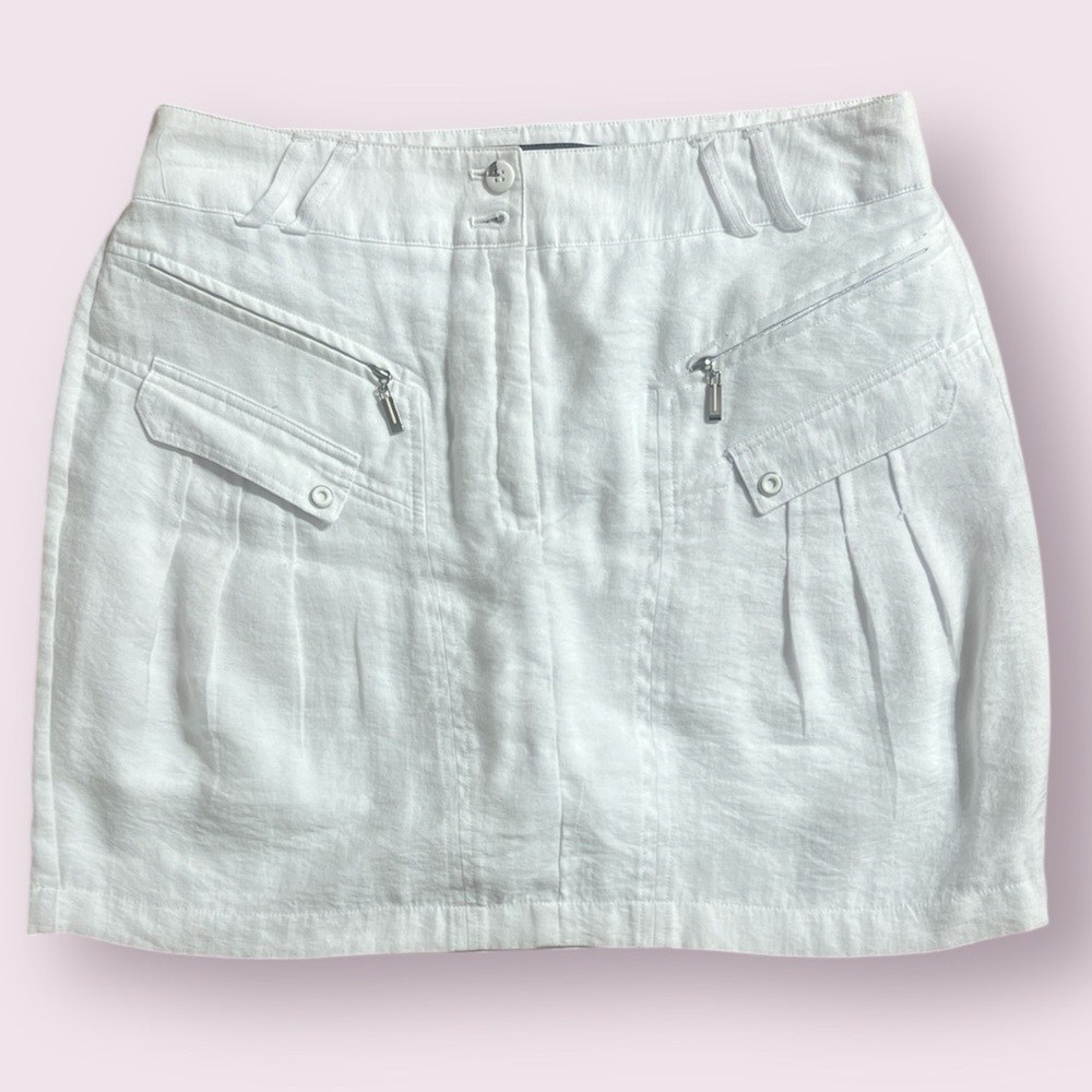 jamie sadock White Linen Mini Skirt with Zip Pockets